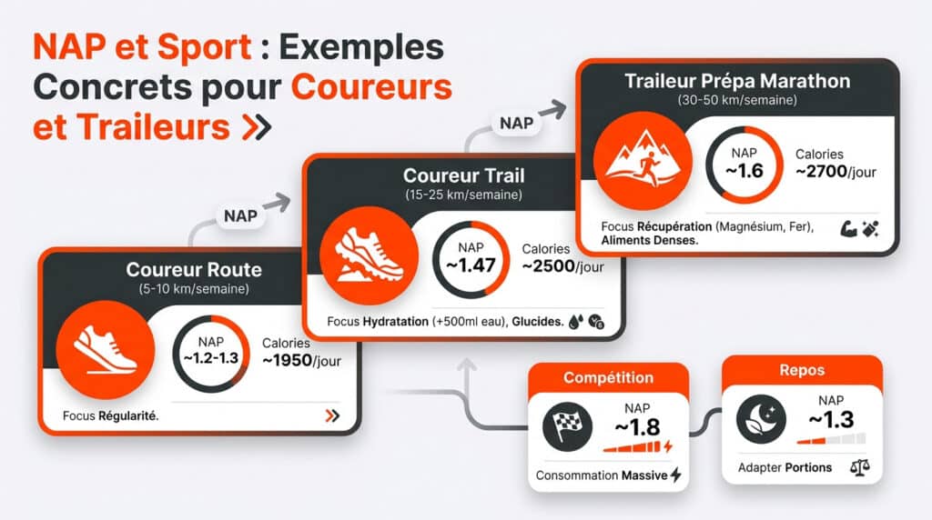 Infographie montrant des exemples de NAP (Niveau d'Activité Physique) pour différents profils de coureurs et contextes.
