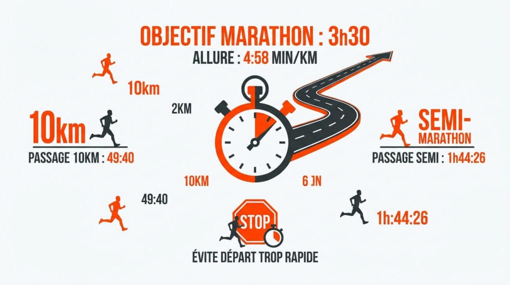 Infographie montrant les temps de passage pour un marathon en 3h30 avec des icônes de coureurs et un chronomètre.