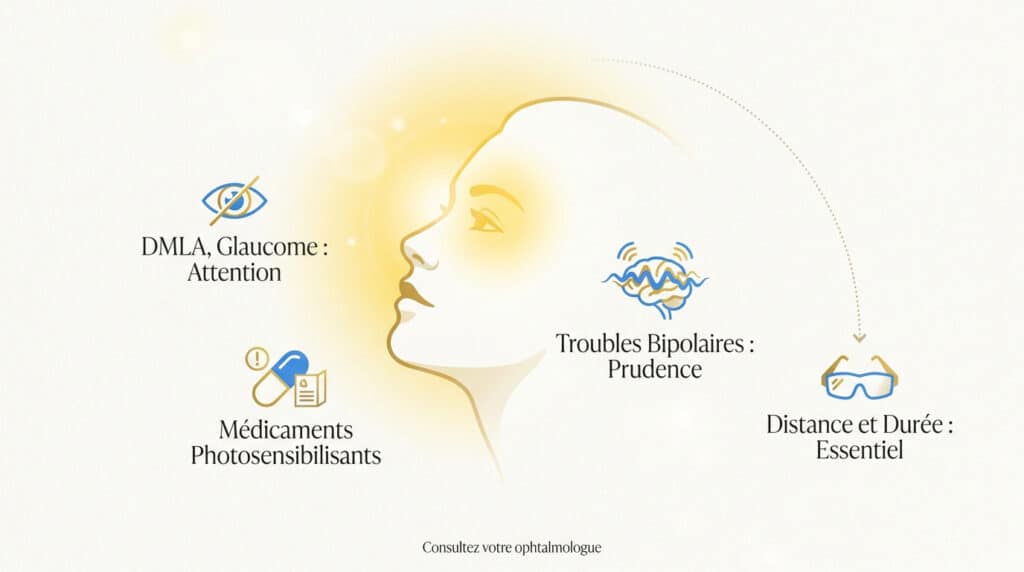 Infographie sur les contre-indications de la luminothérapie incluant les yeux, les médicaments et les troubles bipolaires.