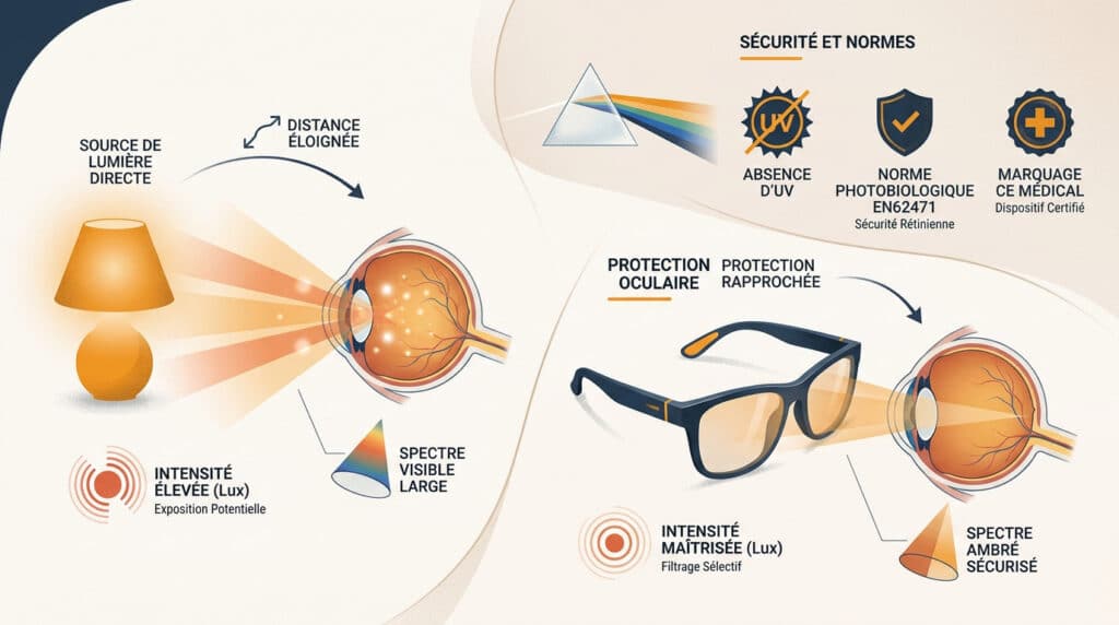 Schéma comparant l'exposition directe à une lampe et l'usage de lunettes de luminothérapie sécurisées.