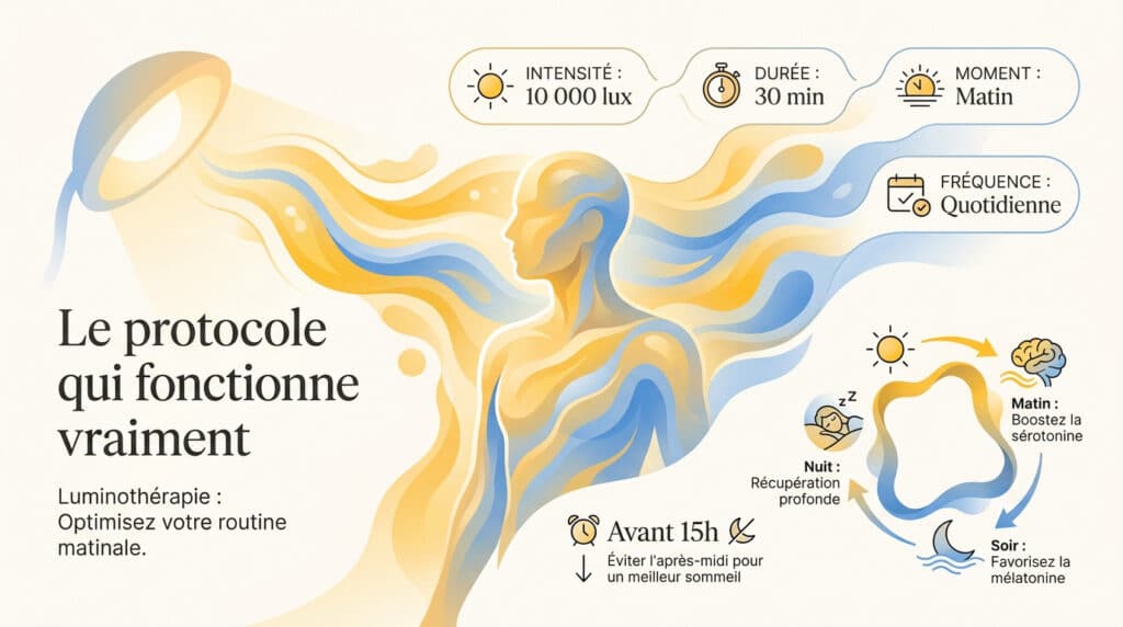 Infographie illustrant les bonnes pratiques de luminothérapie, dont l'intensité, la durée et le moment idéal de la journée.
