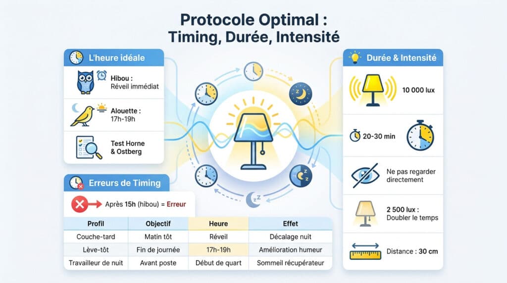 Infographie sur le protocole de luminothérapie : timing, durée et intensité selon le chronotype.
