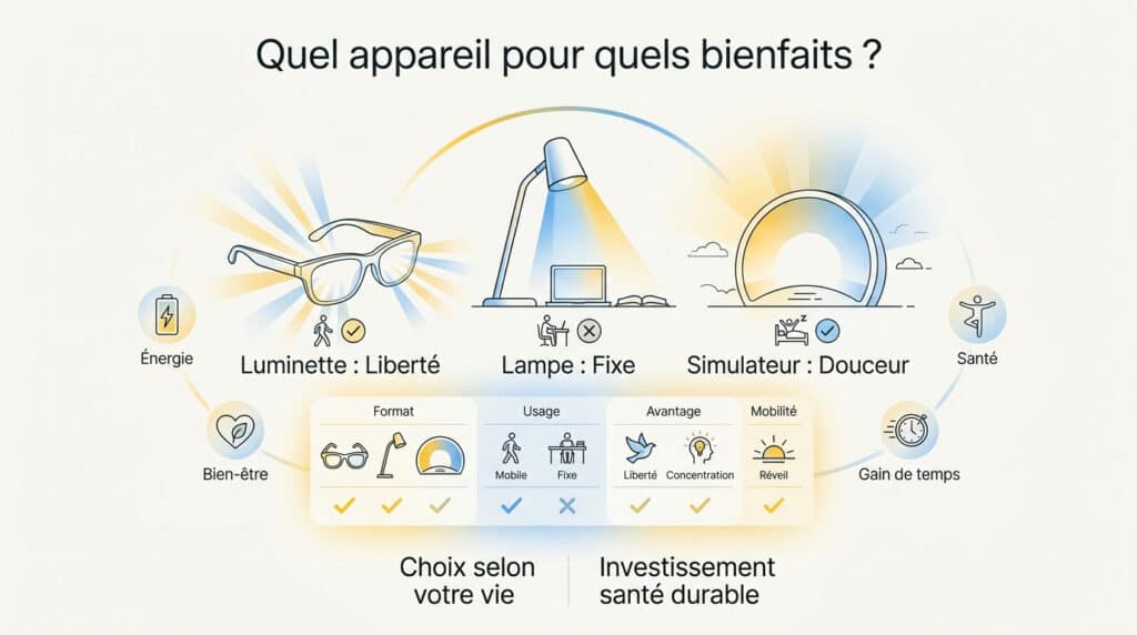 Infographie comparant lunettes, lampe et simulateur d'aube pour la luminothérapie avec icônes et tableau de synthèse.