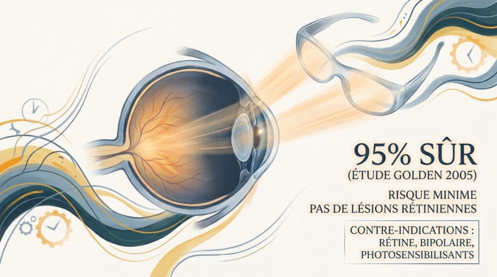 Illustration médicale montrant un œil recevant de la lumière, avec des textes sur la sécurité et les contre-indications.