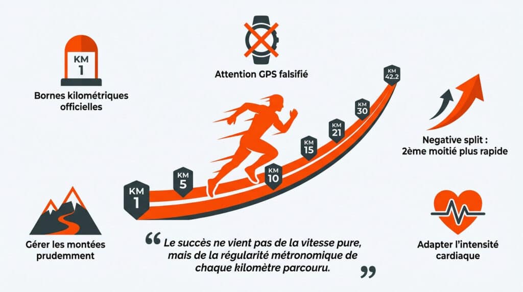 Infographie sur la gestion d'une course, montrant les bornes kilométriques, la gestion cardiaque et le negative split.