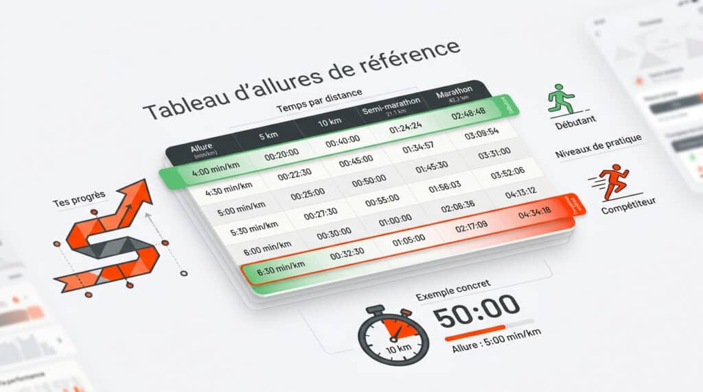 Un tableau présentant les temps de course par distance selon l'allure, avec des icônes pour les niveaux débutant et compétiteur.