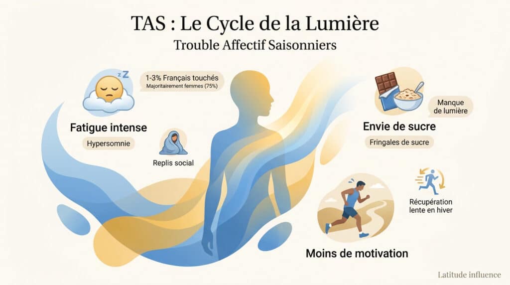 Infographie sur le trouble affectif saisonnier montrant les symptômes, statistiques et le cycle de la lumière.