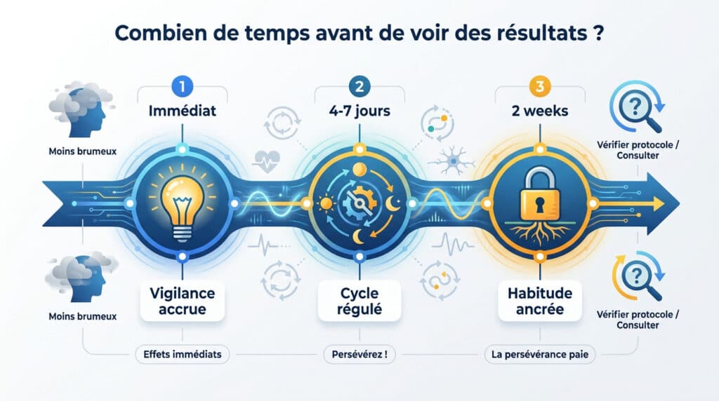 Infographie montrant les étapes de la luminothérapie : effets immédiats, cycle régulé en 4-7 jours et habitude en 2 semaines.