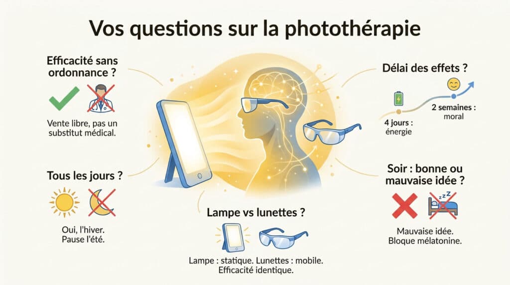 Infographie illustrant le fonctionnement et les usages pratiques de la luminothérapie sur le corps humain.