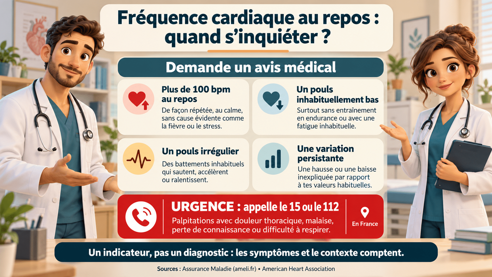 Fréquence cardiaque au repos : signes nécessitant un avis médical et symptômes d’urgence, présentés par deux médecins.