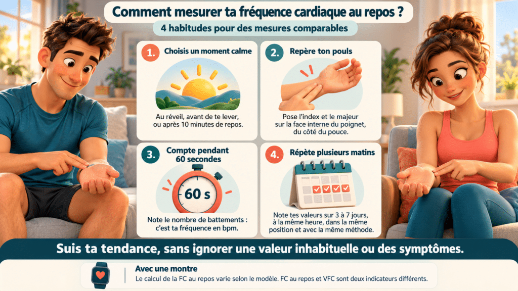 Mesurer sa fréquence cardiaque au repos : prendre son pouls pendant 60 secondes et répéter dans les mêmes conditions.