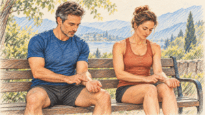Un sportif et une sportive assis au calme mesurent leur fréquence cardiaque au repos en prenant leur pouls au poignet.