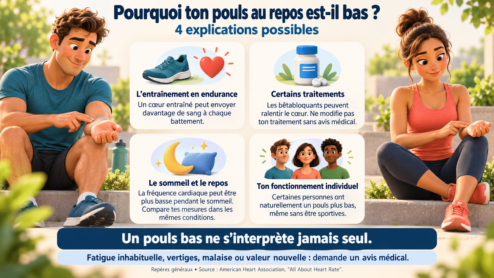 Pouls bas au repos : rôle de l’endurance, de certains traitements, du sommeil et des différences individuelles.