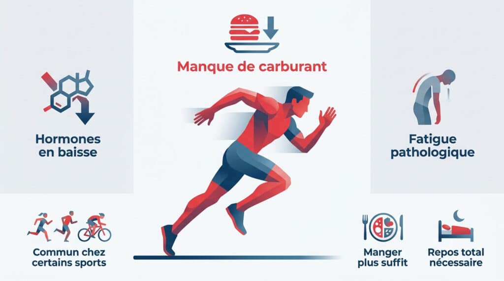 Illustration montrant les signes de surentraînement : baisse d'hormones, manque de carburant et fatigue extrême.
