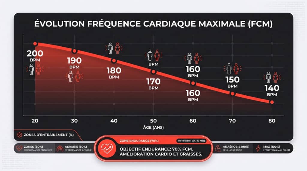 Graphique montrant la baisse de la fréquence cardiaque maximale (FCM) en BPM en fonction de l'âge, de 20 à 80 ans.