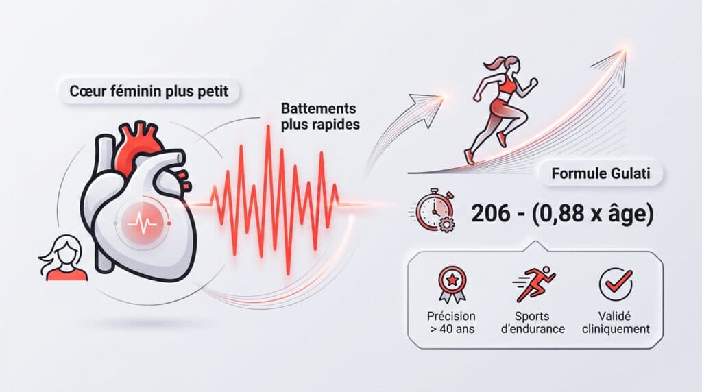 Illustration montrant le fonctionnement cardiaque féminin et la formule Gulati pour calculer la fréquence cardiaque maximale.