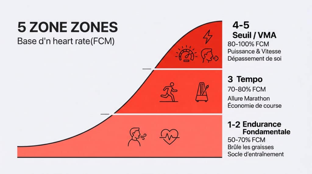 Graphique illustrant les 5 zones d'entraînement basées sur la fréquence cardiaque maximale et leurs intensités.