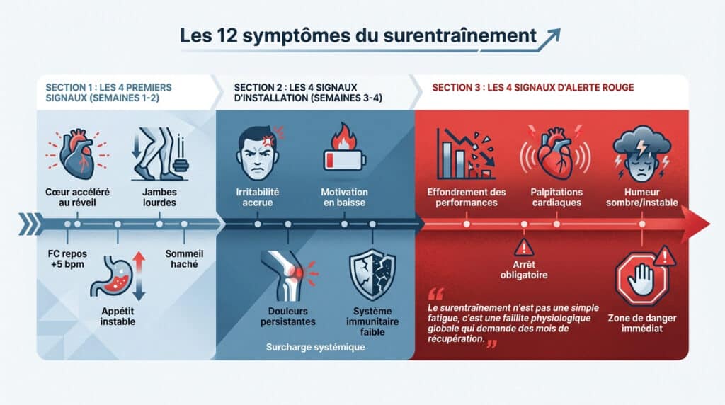 Illustration montrant les 12 symptômes du surentraînement divisés en trois étapes chronologiques sur une flèche de progression.