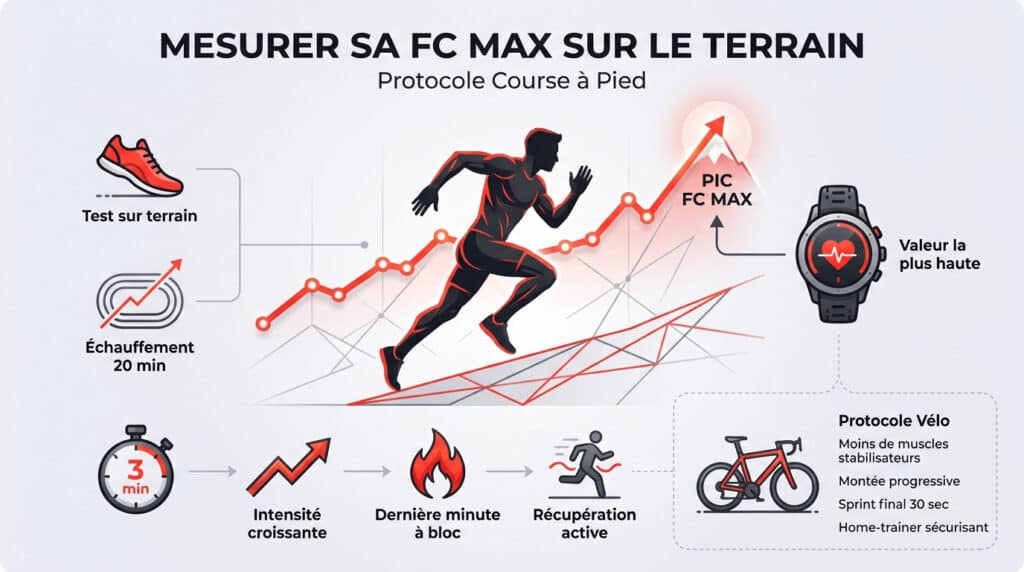 Infographie montrant les étapes pour mesurer sa FC Max lors d'un test de course à pied ou de vélo.