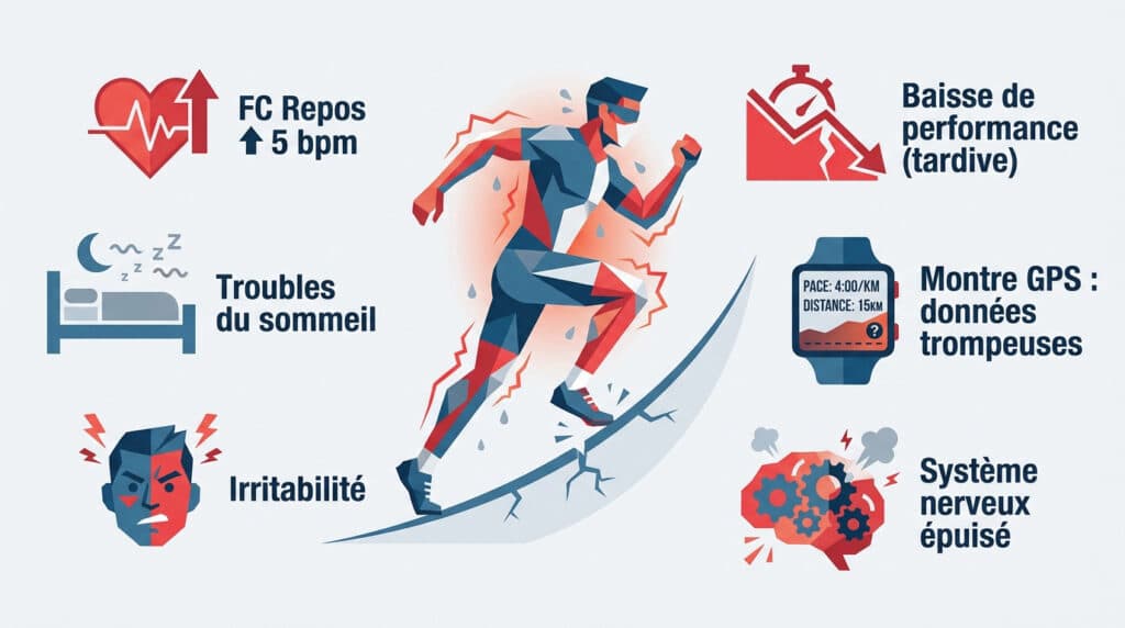 Illustration montrant un coureur en difficulté entouré de six icônes représentant les signes du surentraînement.