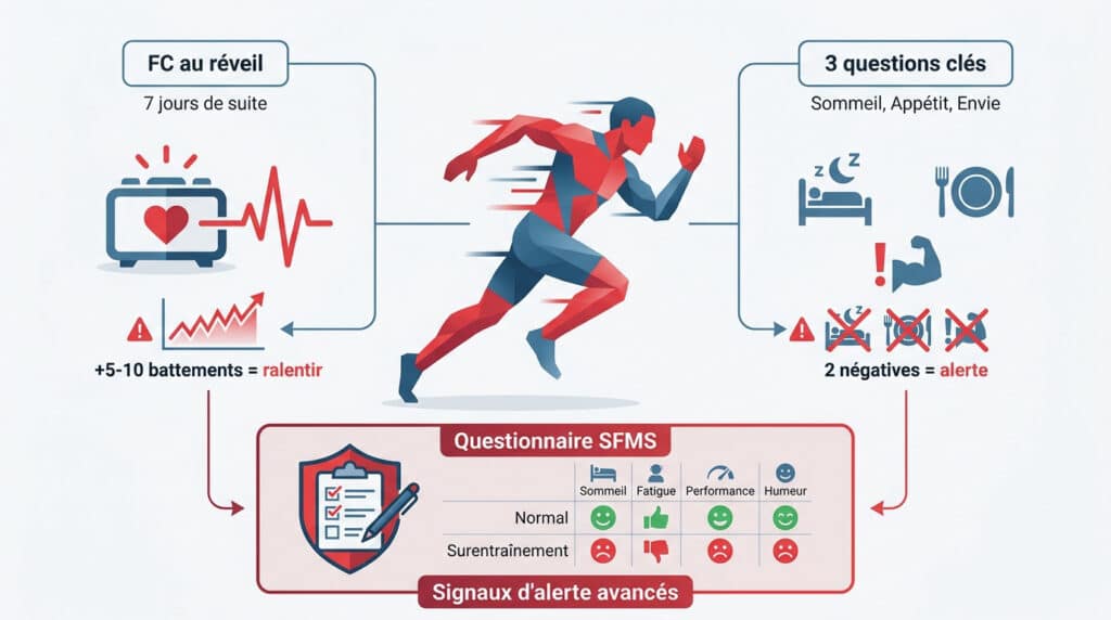 Infographie illustrant les méthodes de détection du surentraînement via la fréquence cardiaque et un questionnaire de santé.