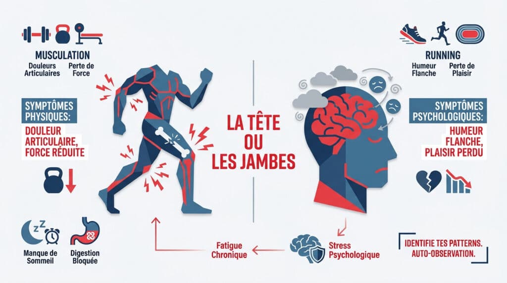 Infographie illustrant les symptômes physiques et psychologiques du surentraînement chez les sportifs.